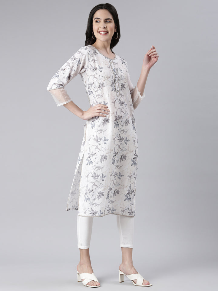 Neerus White cotton printed straight kurta - back view