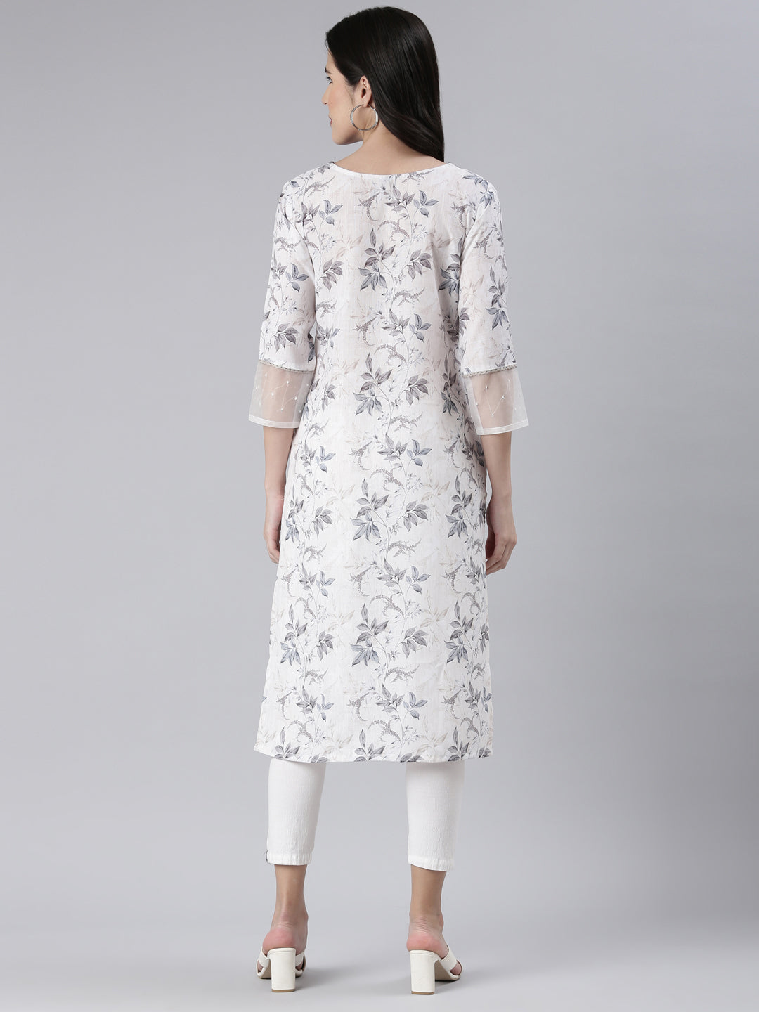 Neerus White cotton printed straight kurta - side view