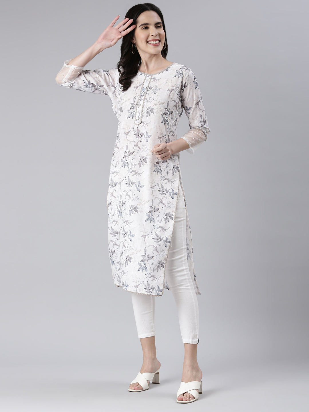 Neerus White cotton printed straight kurta - detail view 2