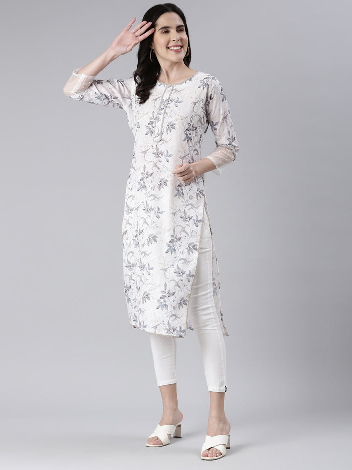 Neerus White cotton printed straight kurta - detail view 2