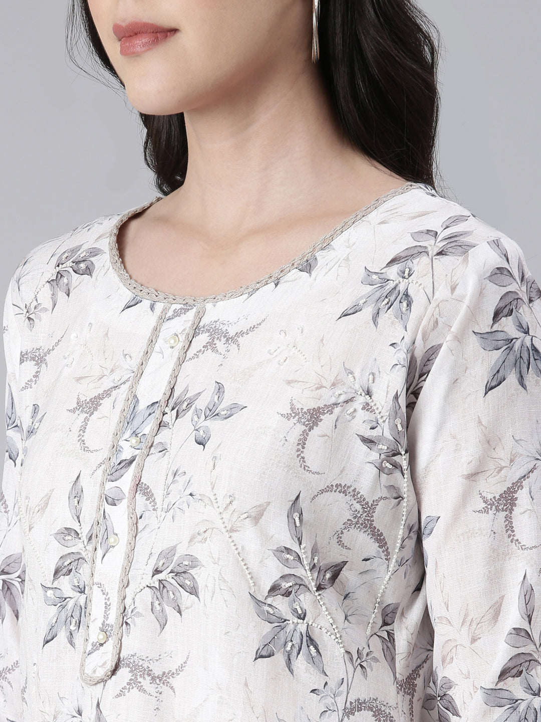 Neerus White cotton printed straight kurta - detail view 1