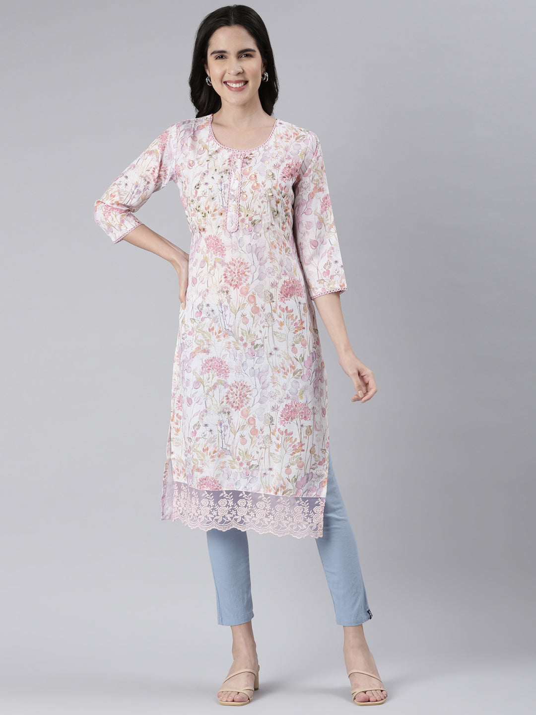 Neerus White cotton printed straight kurta - front view