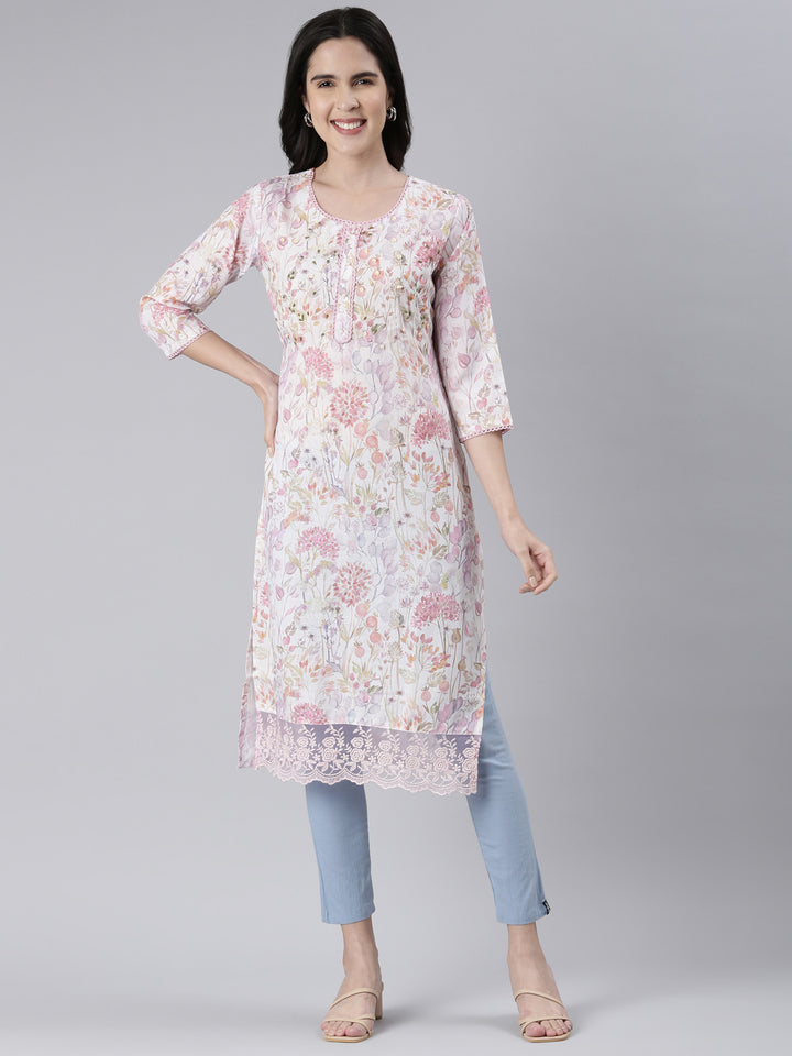 Neerus White cotton printed straight kurta - front view