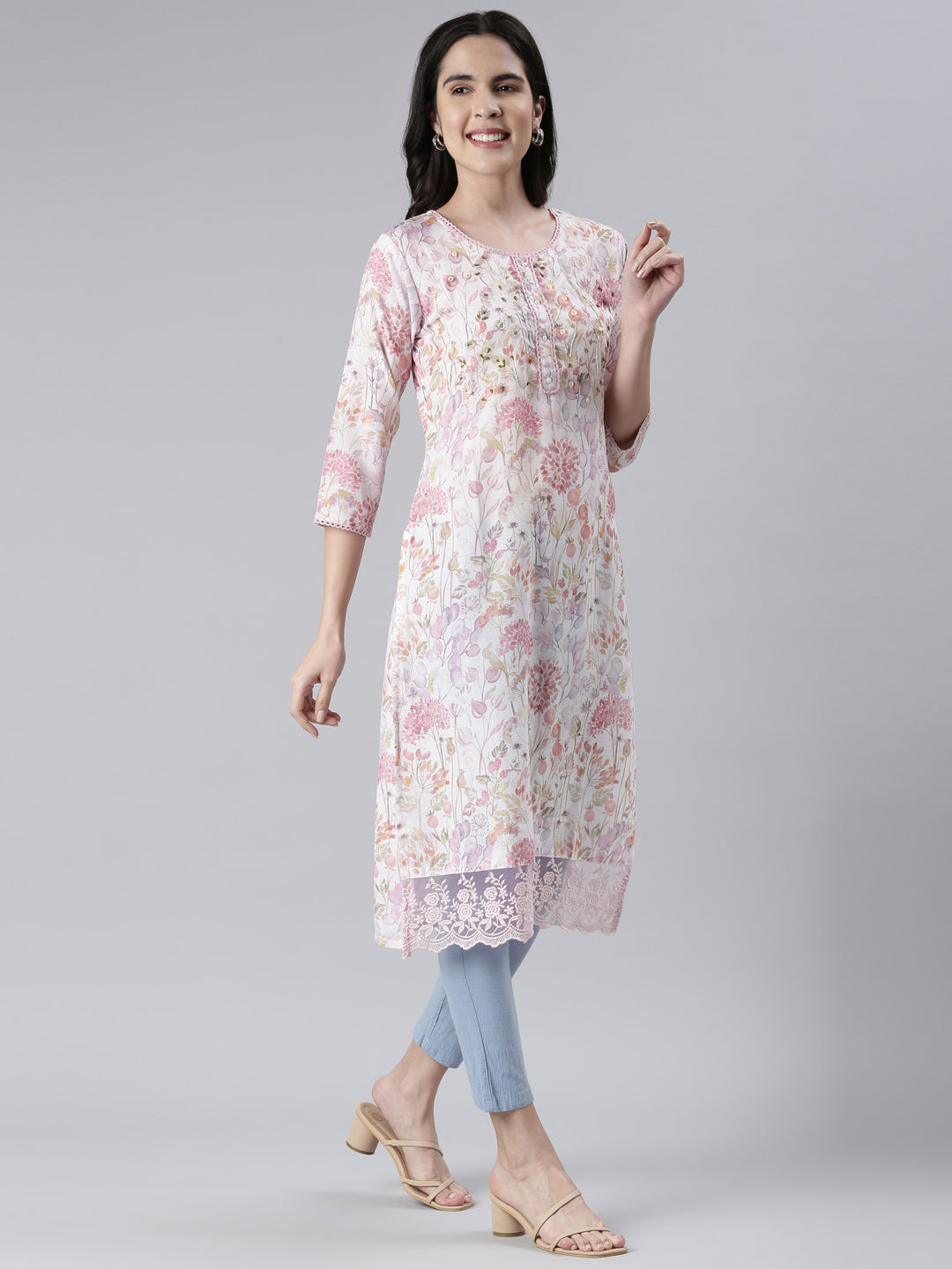 Neerus White cotton printed straight kurta - back view