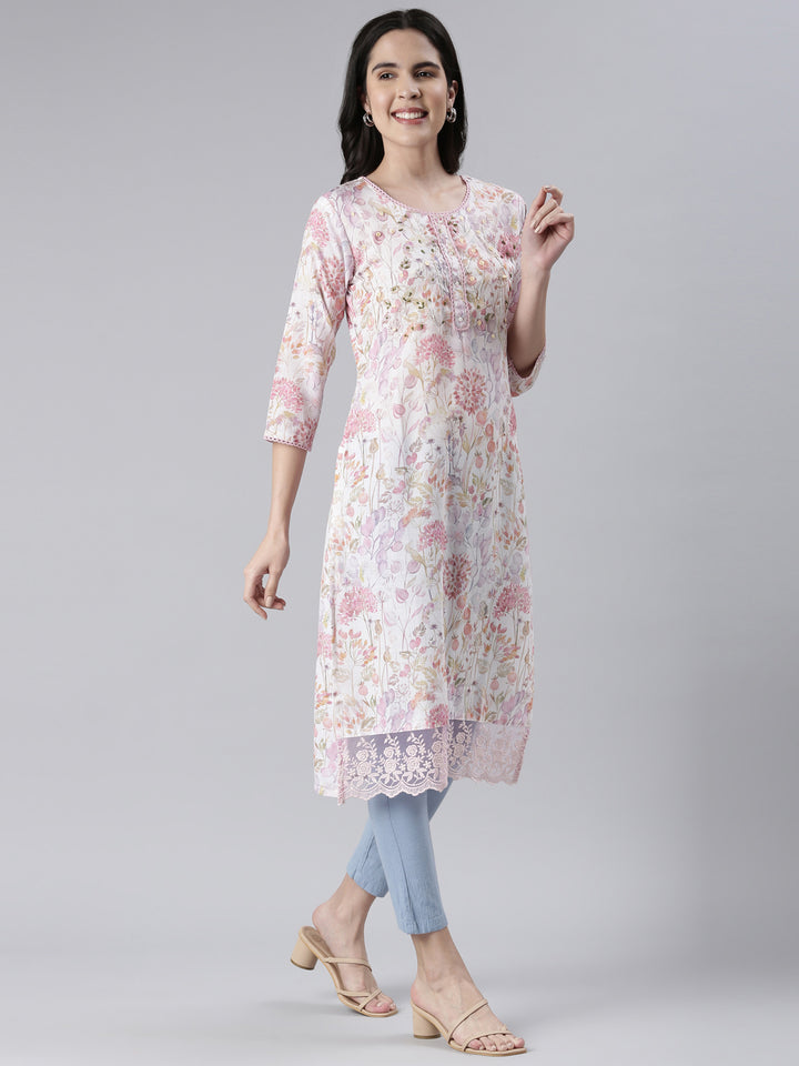 Neerus White cotton printed straight kurta - back view