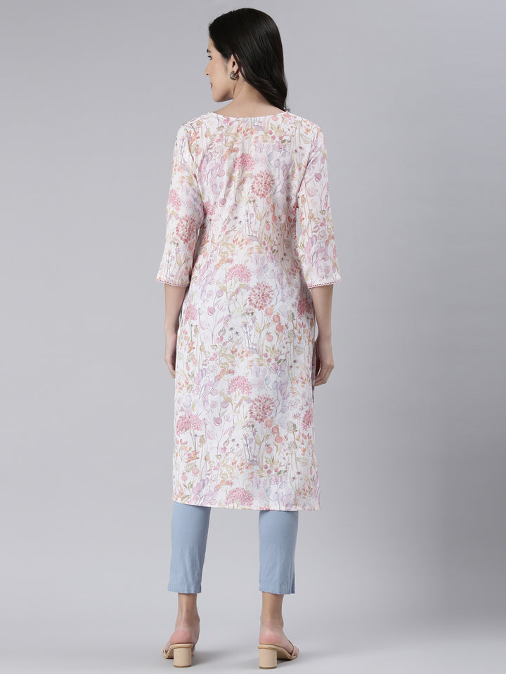 Neerus White cotton printed straight kurta - side view