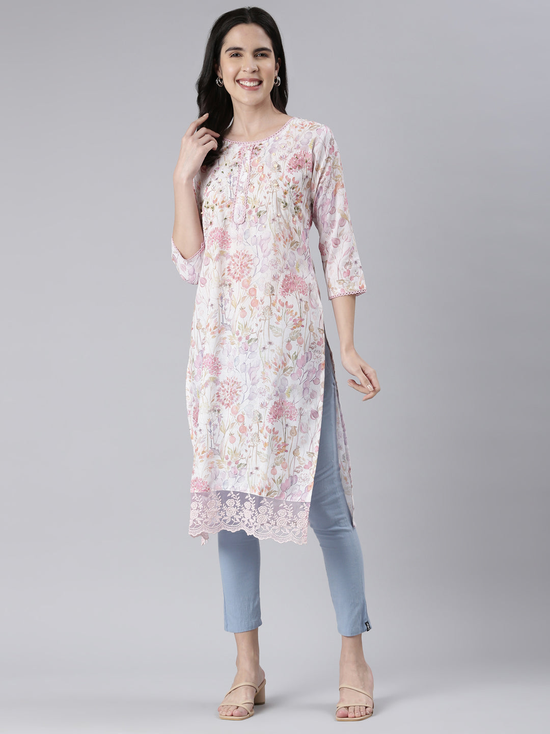 Neerus White cotton printed straight kurta - detail view 2