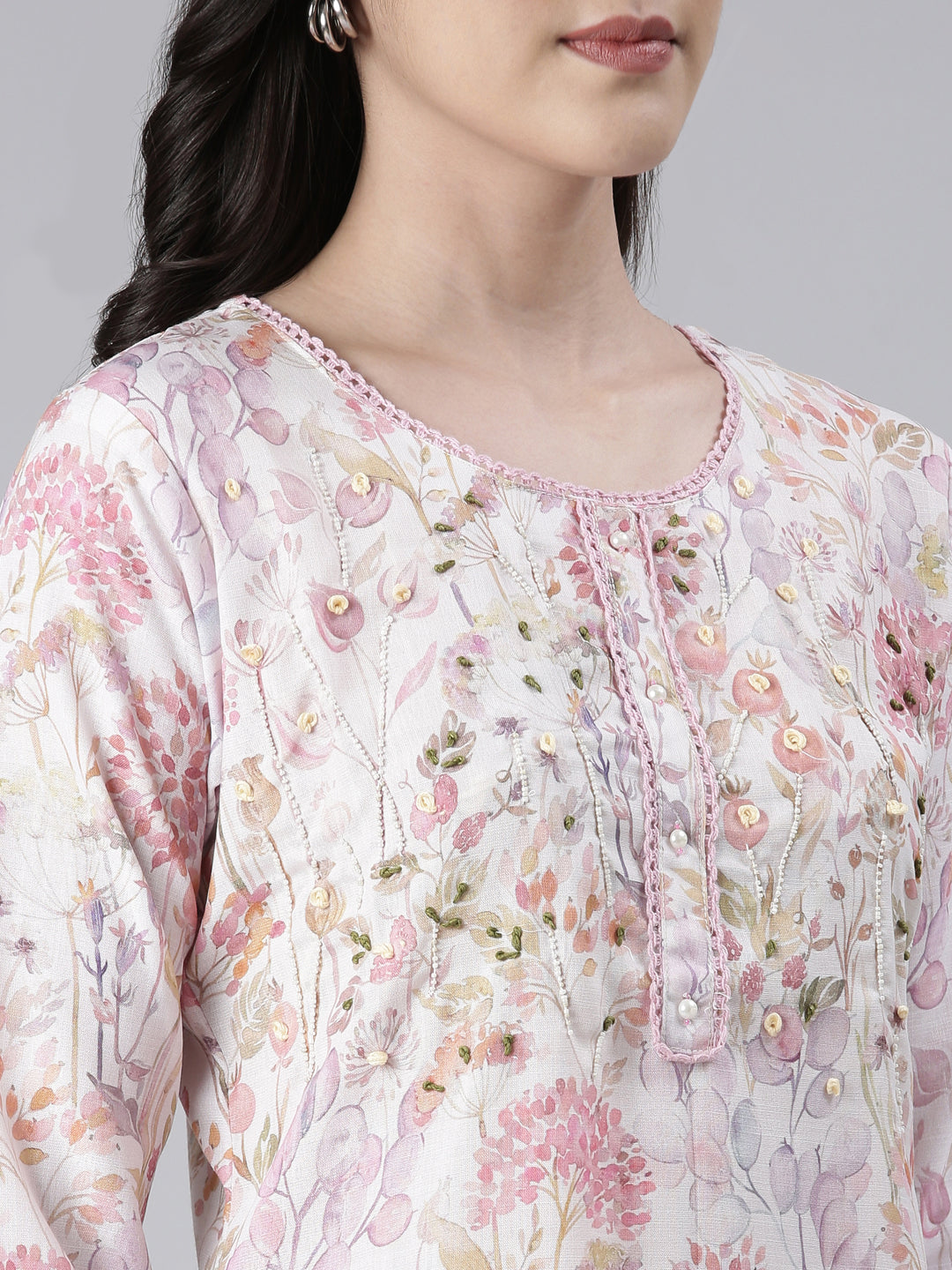 Neerus White cotton printed straight kurta - detail view 1