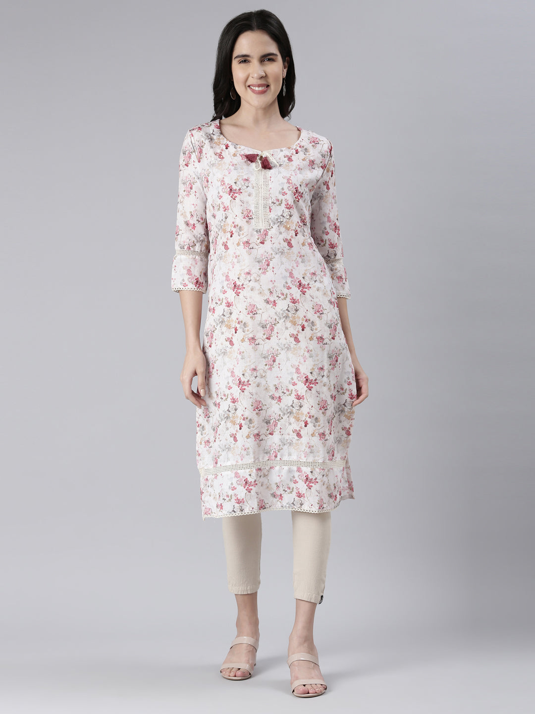 Neerus White cotton printed straight kurta - front view