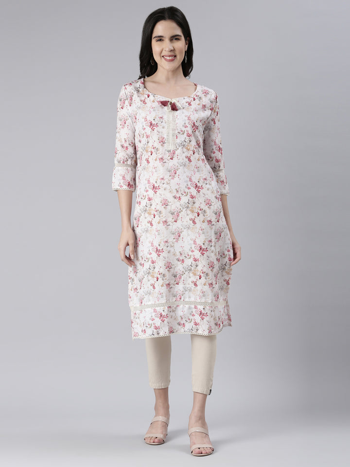 Neerus White cotton printed straight kurta - front view