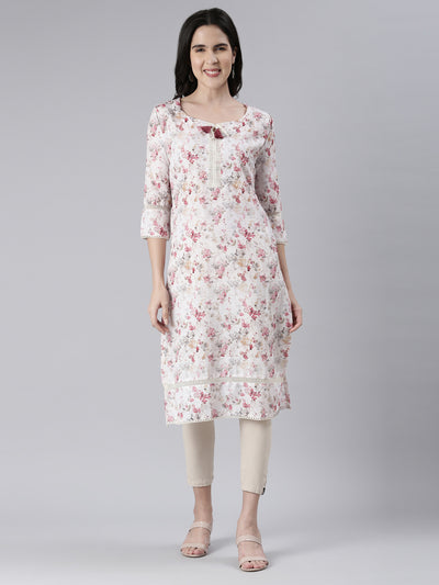 Neerus Off White Straight Printed Cotton Kurtas