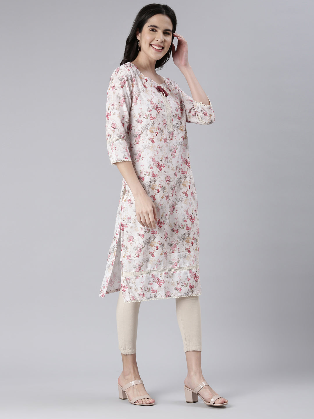 Neerus White cotton printed straight kurta - back view