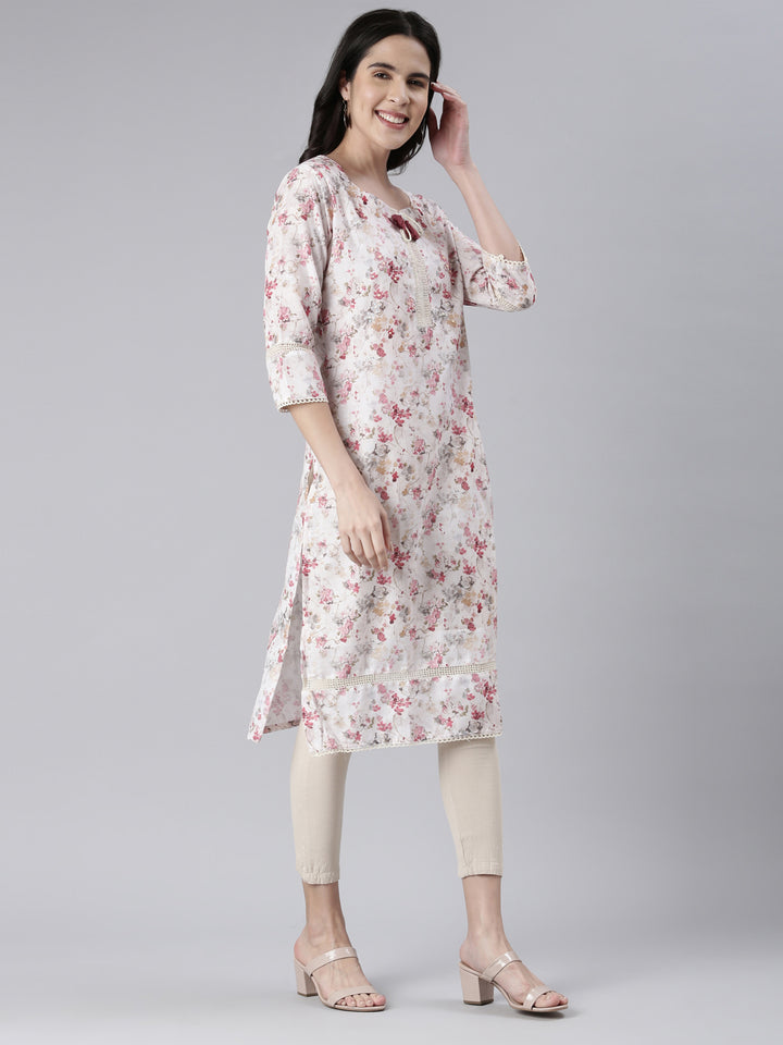 Neerus White cotton printed straight kurta - back view