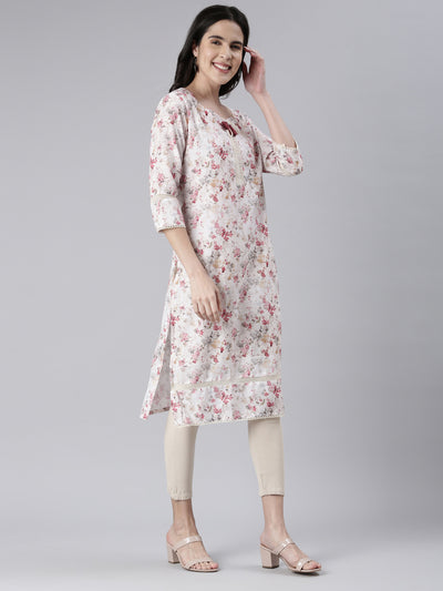 Neerus Off White Straight Printed Cotton Kurtas