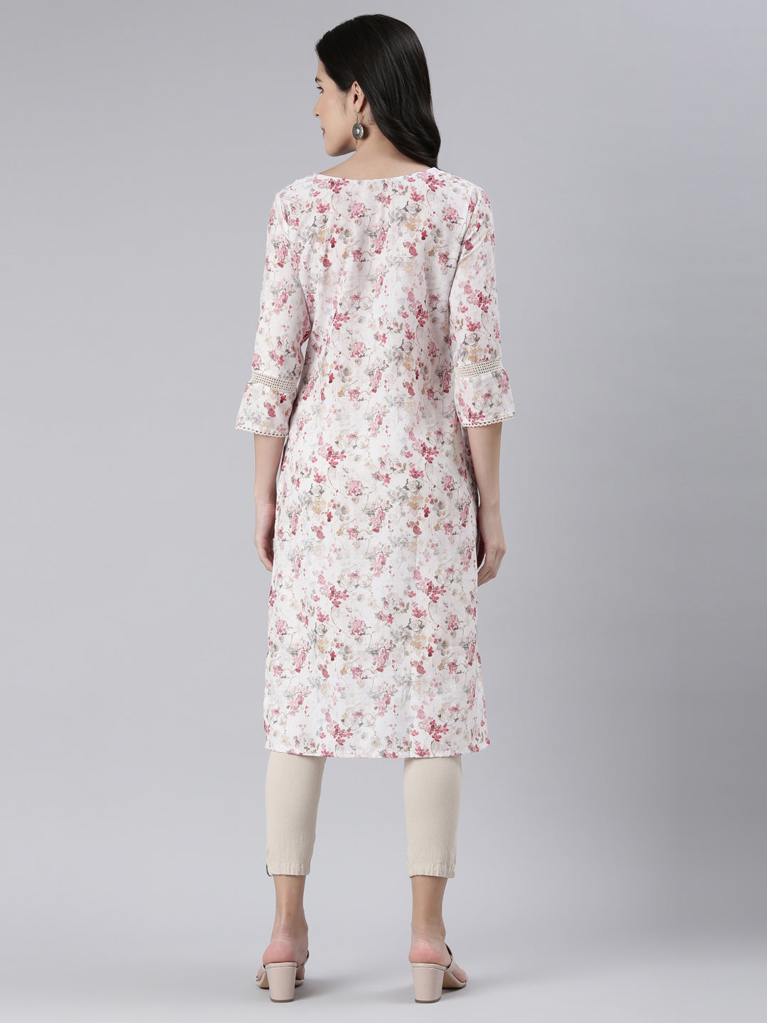 Neerus White cotton printed straight kurta - side view
