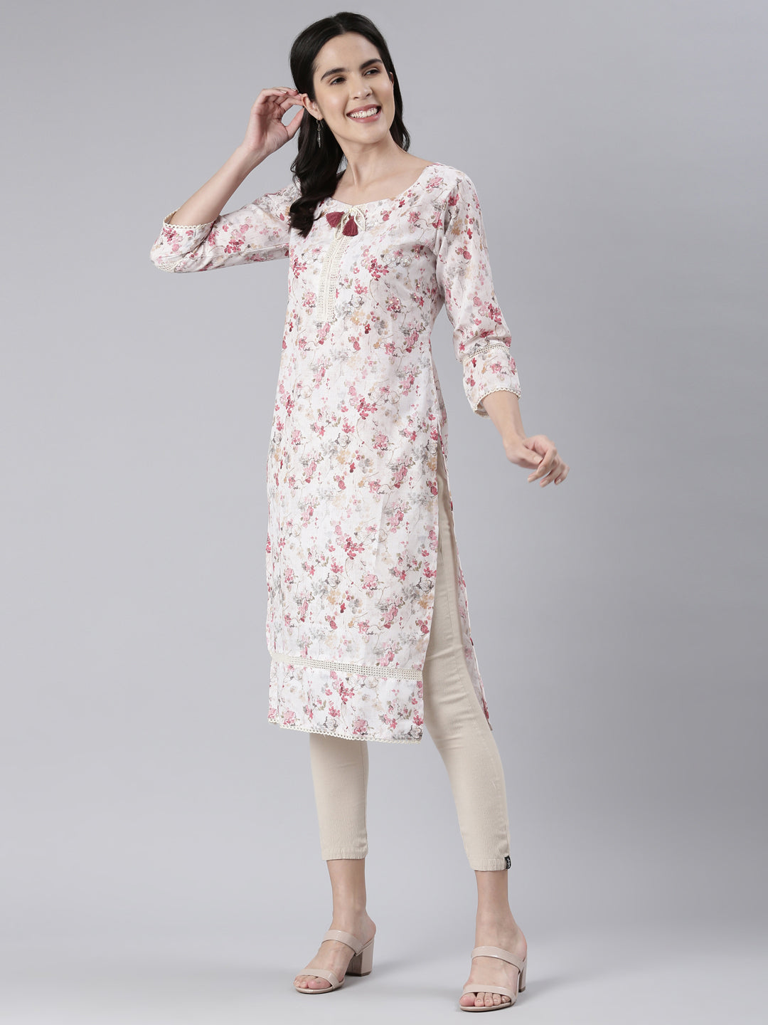 Neerus Off White Straight Printed Cotton Kurtas