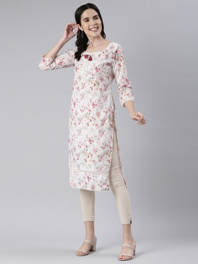 Neerus Off White Straight Printed Cotton Kurtas
