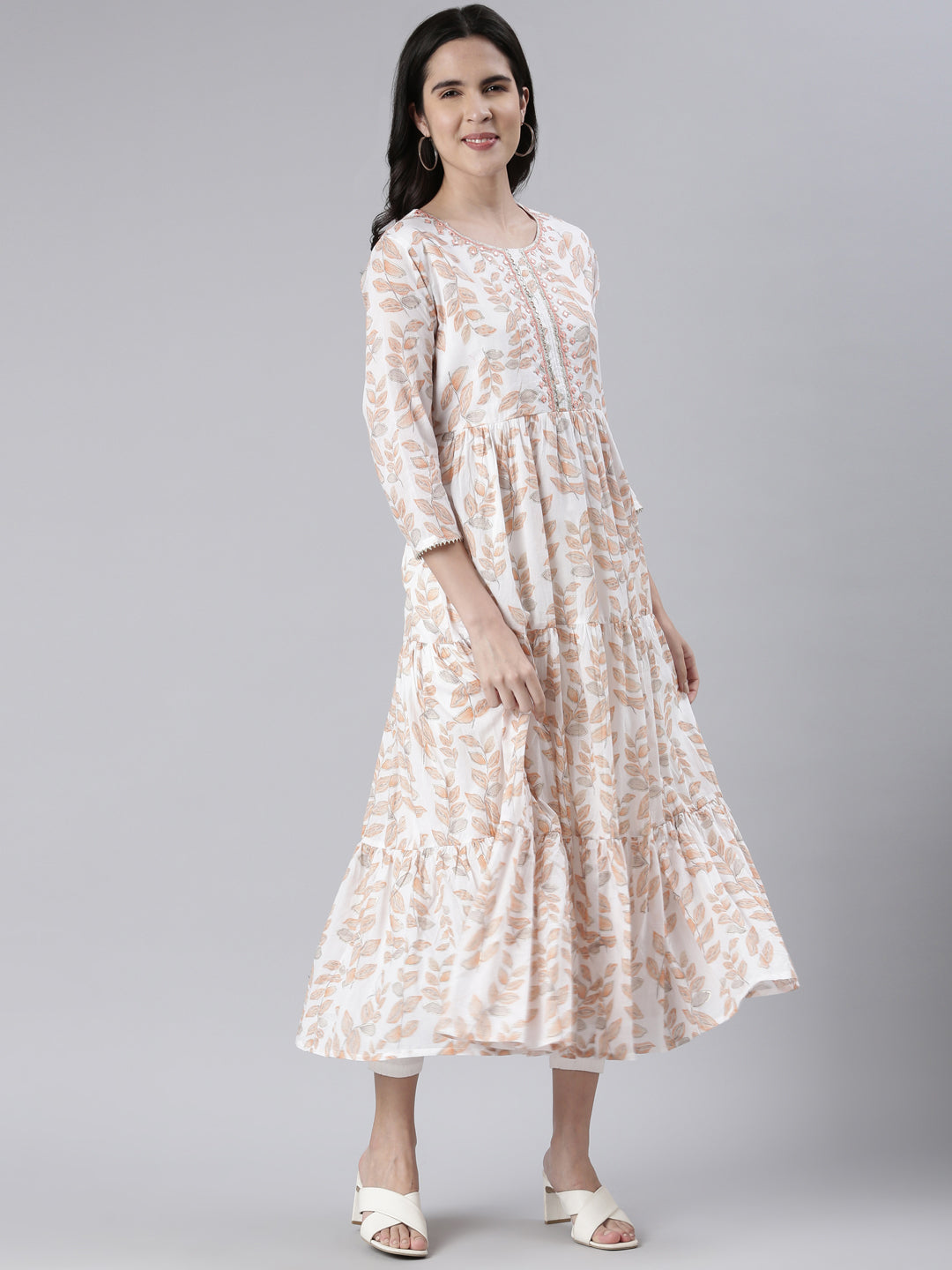 Neerus Peach Maxi Casual Printed Dresses
