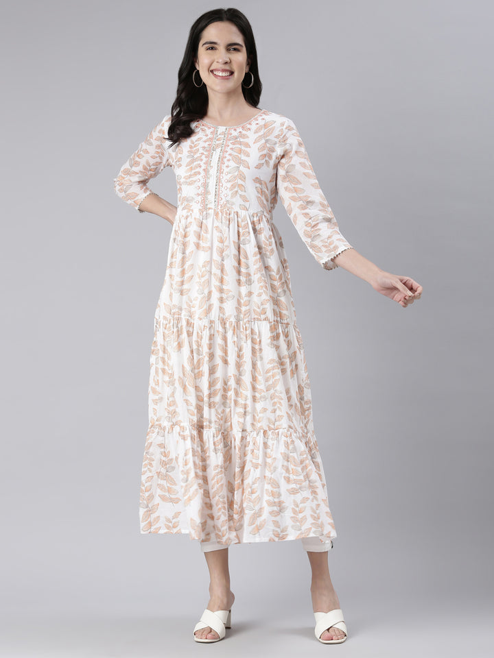 Neerus Peach Maxi Casual Printed Dresses