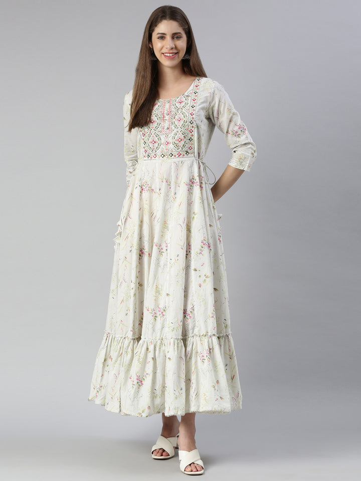 Neerus Off White Maxi Casual Printed Dresses