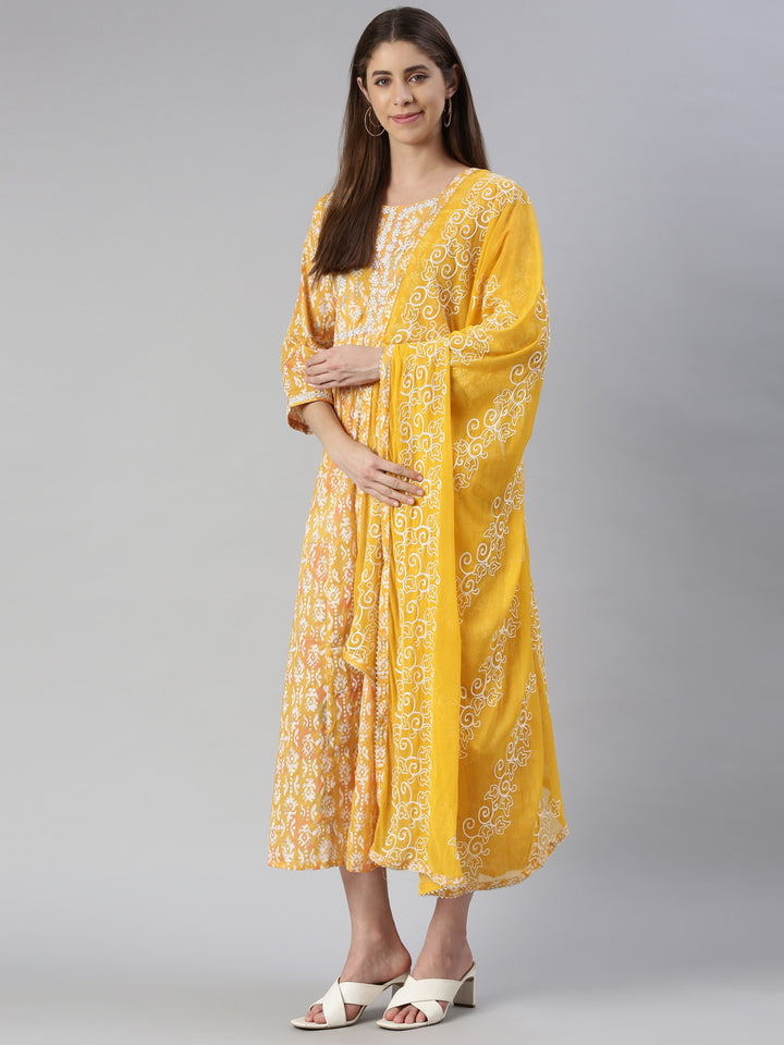 Neerus Yellow printed maxi dress - front view