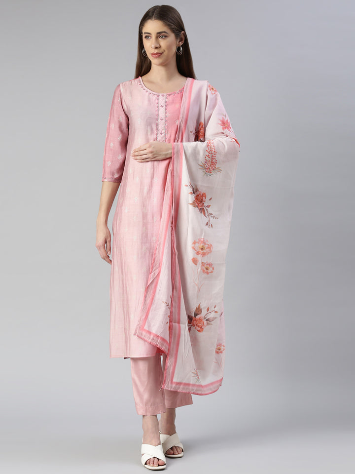 Neerus Pink printed straight kurta set with trouser and dupatta - front view