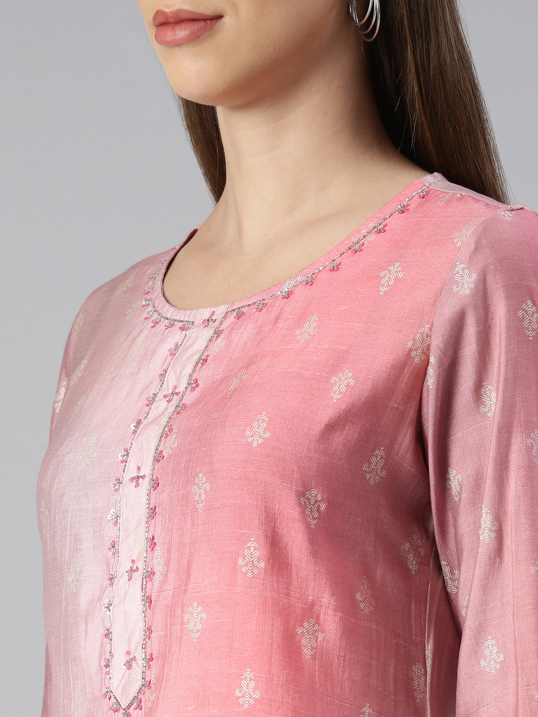 Neerus Pink printed straight kurta set with trouser and dupatta - detail view 1