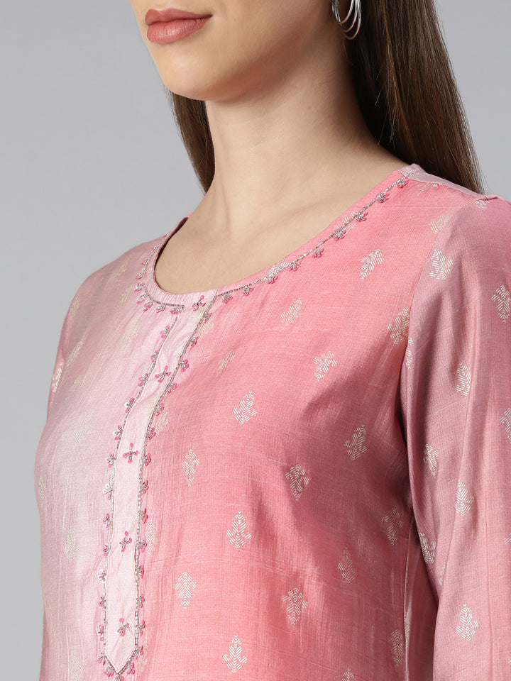 Neerus Pink printed straight kurta set with trouser and dupatta - detail view 1