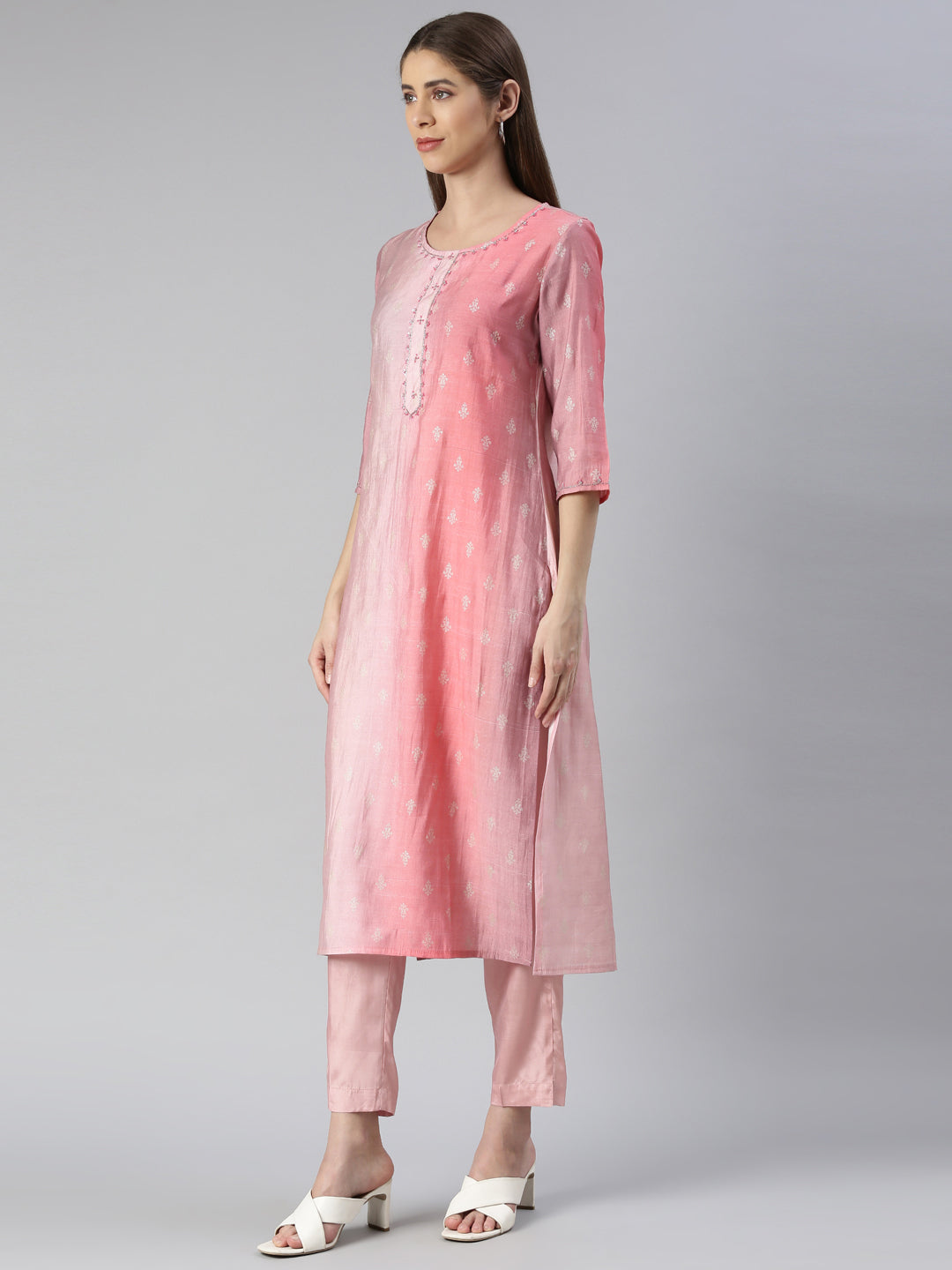 Neerus Pink printed straight kurta set with trouser and dupatta - back view