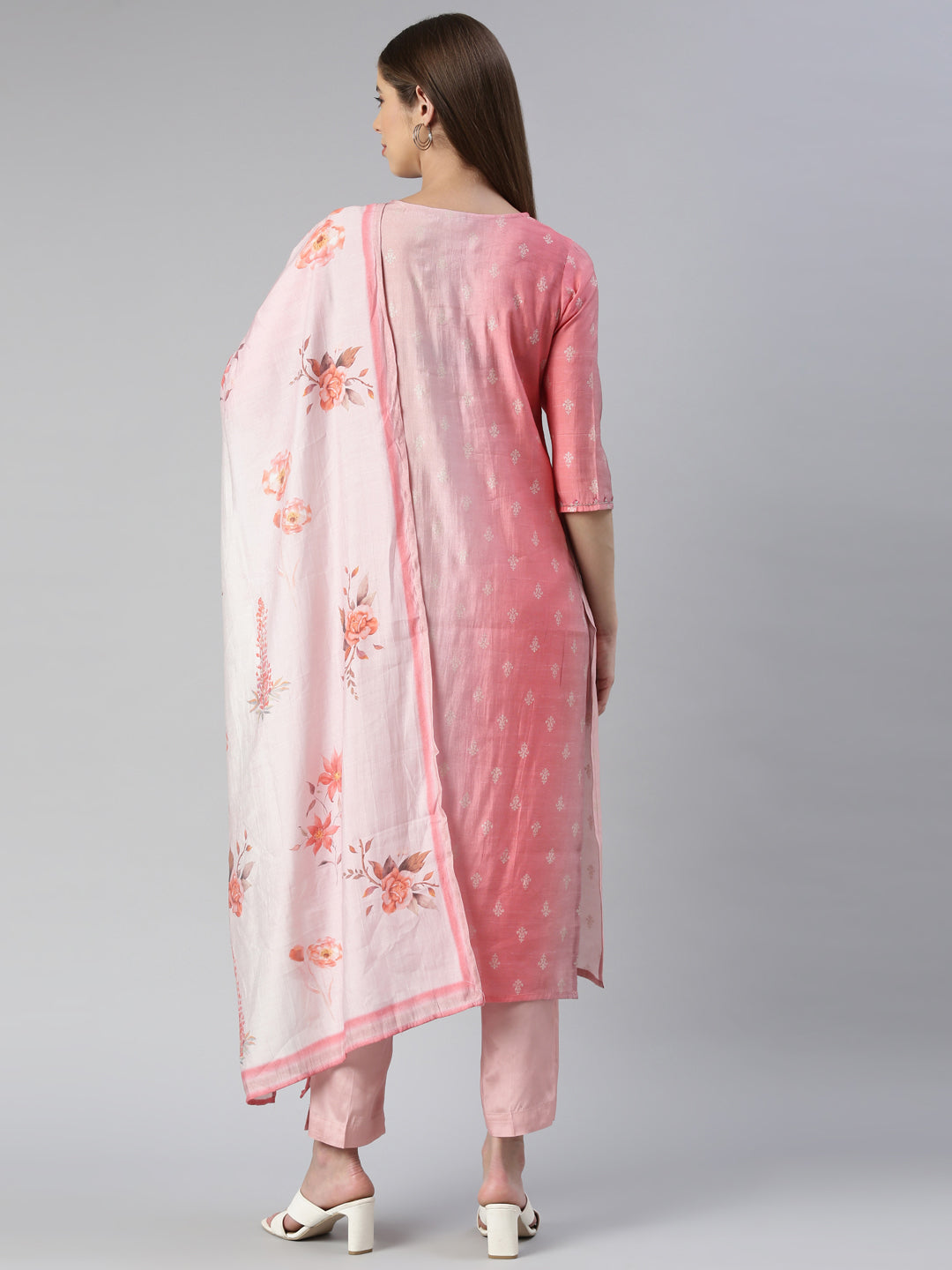 Neerus Pink printed straight kurta set with trouser and dupatta - side view