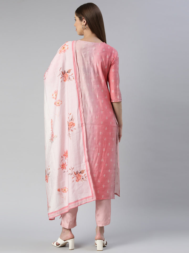 Neerus Pink printed straight kurta set with trouser and dupatta - side view