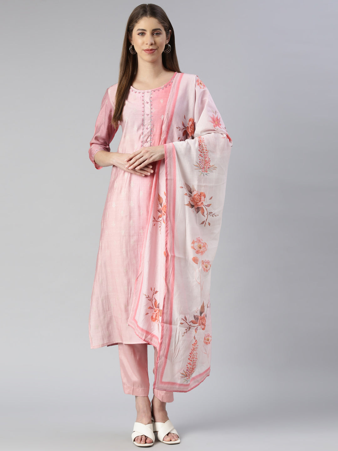 Neerus Pink printed straight kurta set with trouser and dupatta - detail view 2