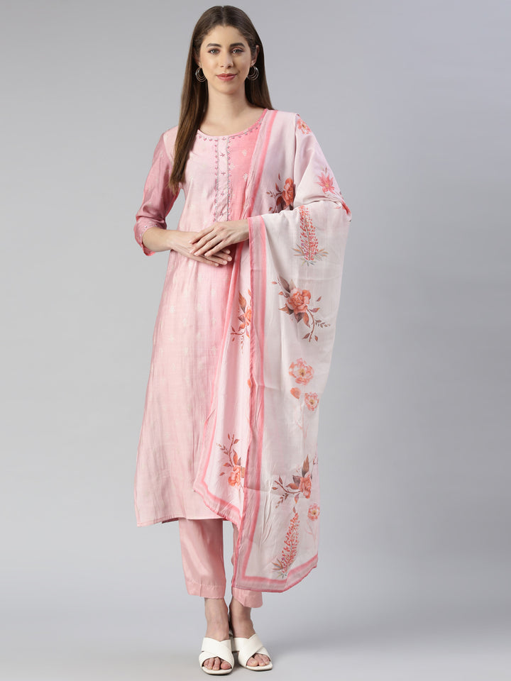 Neerus Pink printed straight kurta set with trouser and dupatta - detail view 2