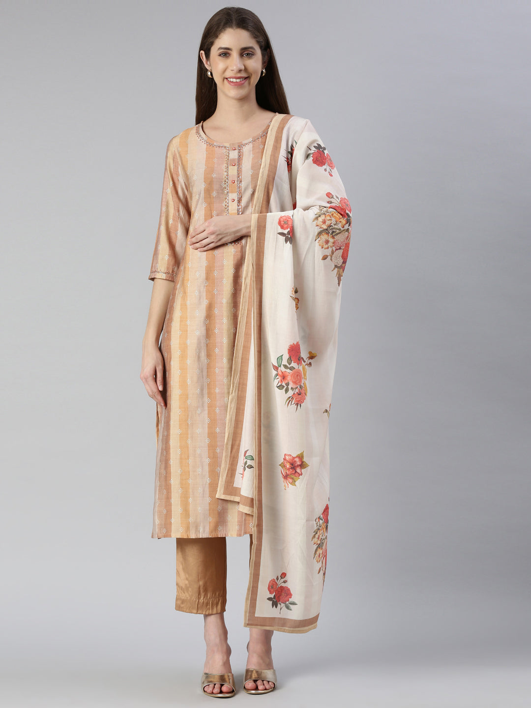 Neerus Orange embroidered kurta set with trouser and dupatta - front view