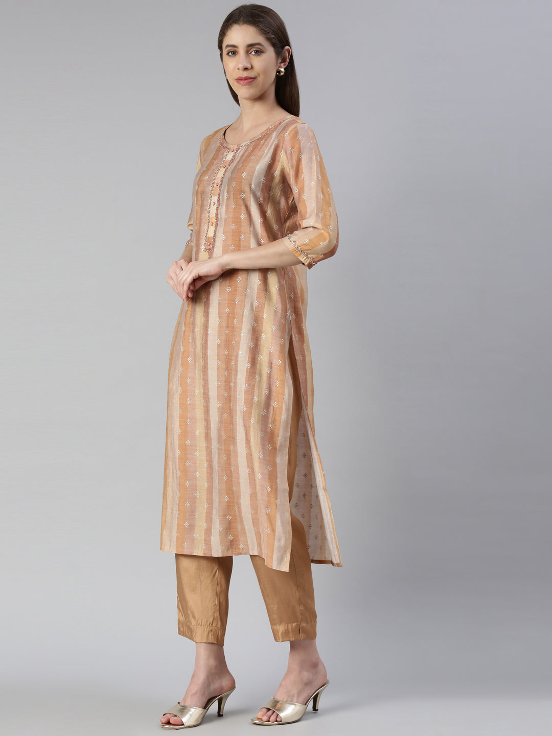Neerus Orange embroidered kurta set with trouser and dupatta - back view