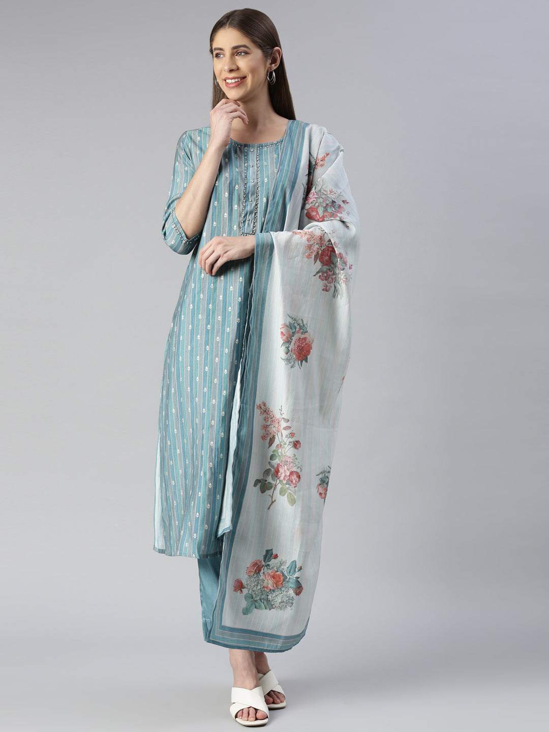 Neerus Blue Embroidered Kurta Set with Trouser and Dupatta - front view