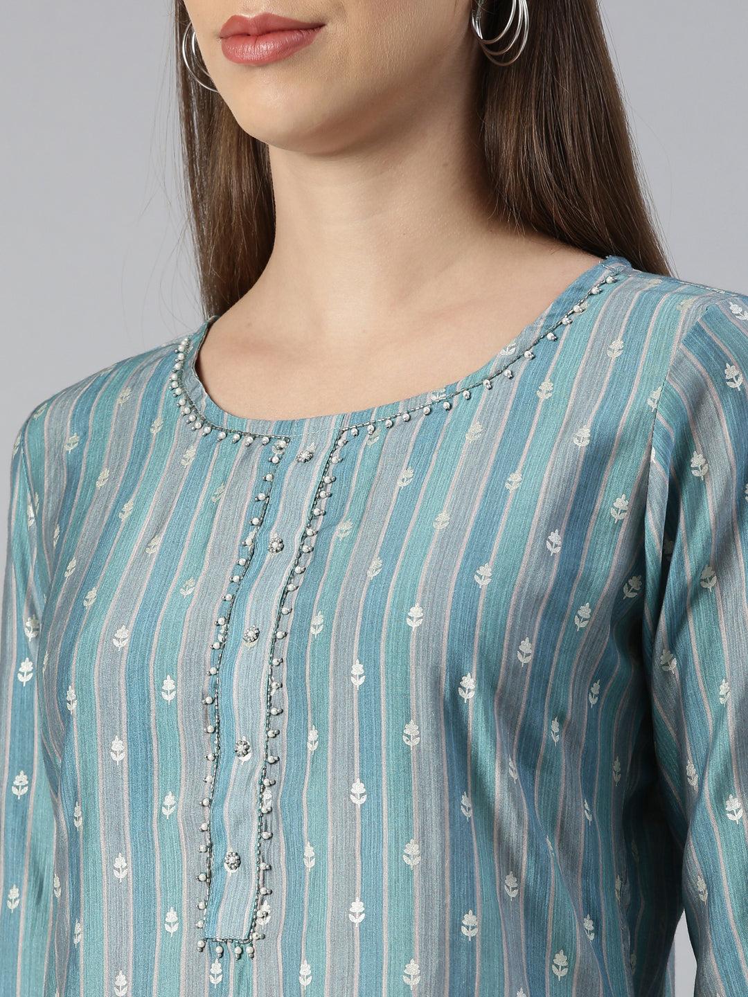 Neerus Blue Embroidered Kurta Set with Trouser and Dupatta - detail view 1