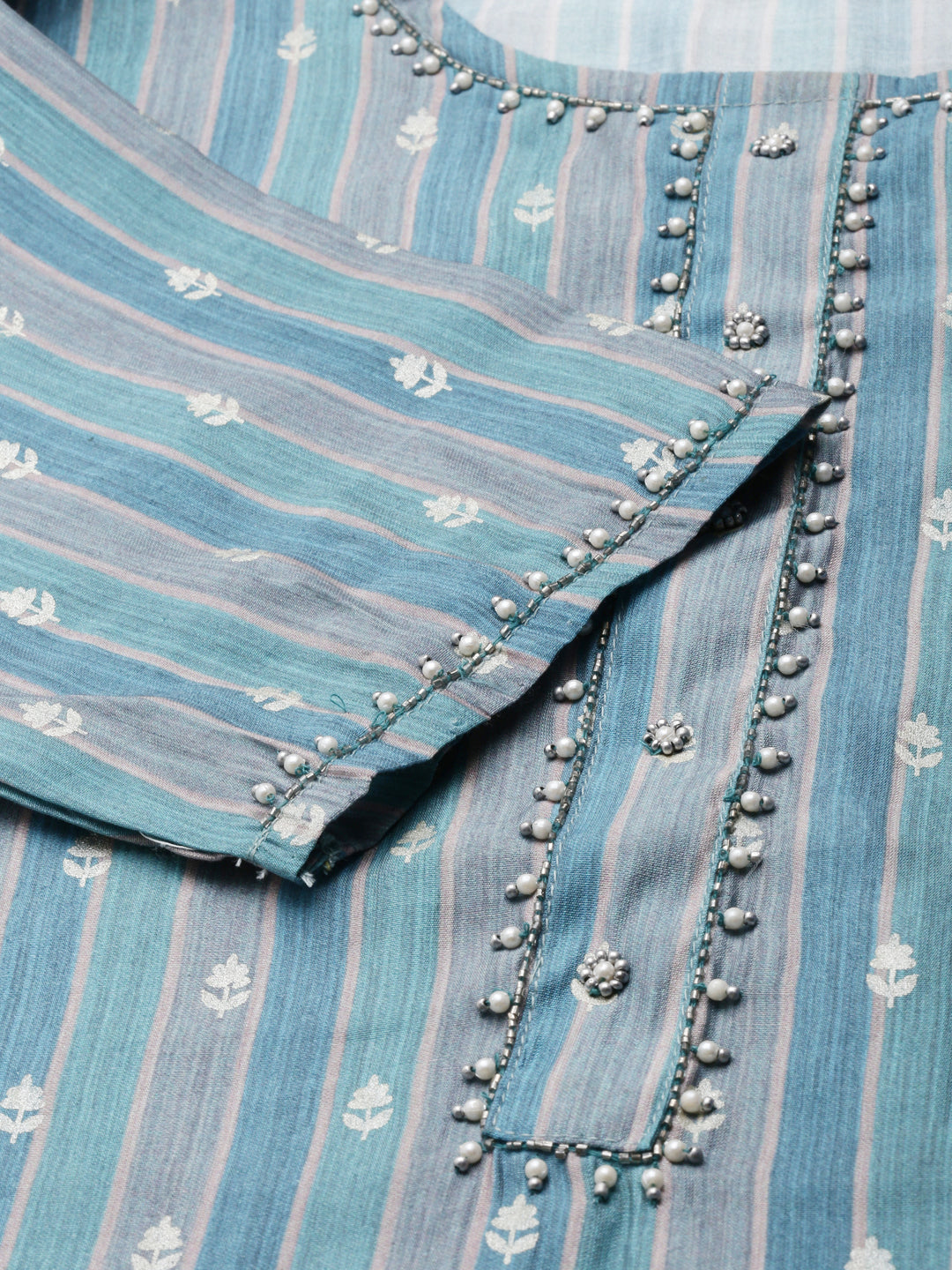 Neerus Blue Embroidered Kurta Set with Trouser and Dupatta - detail view 2