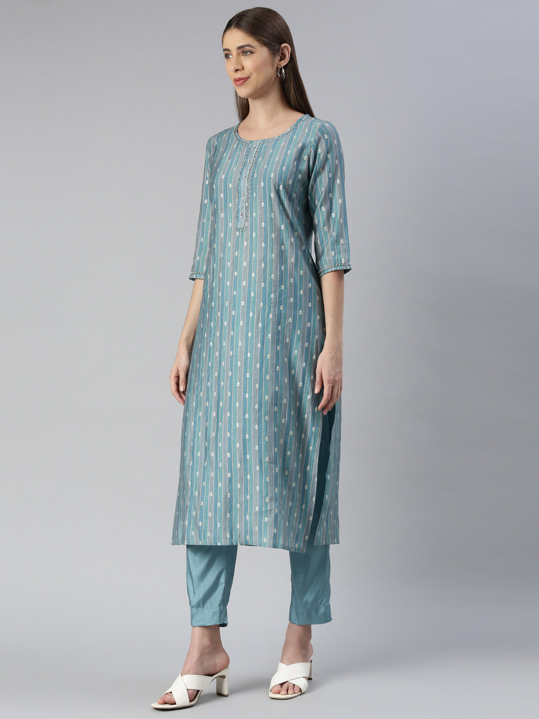 Neerus Blue Embroidered Kurta Set with Trouser and Dupatta - back view