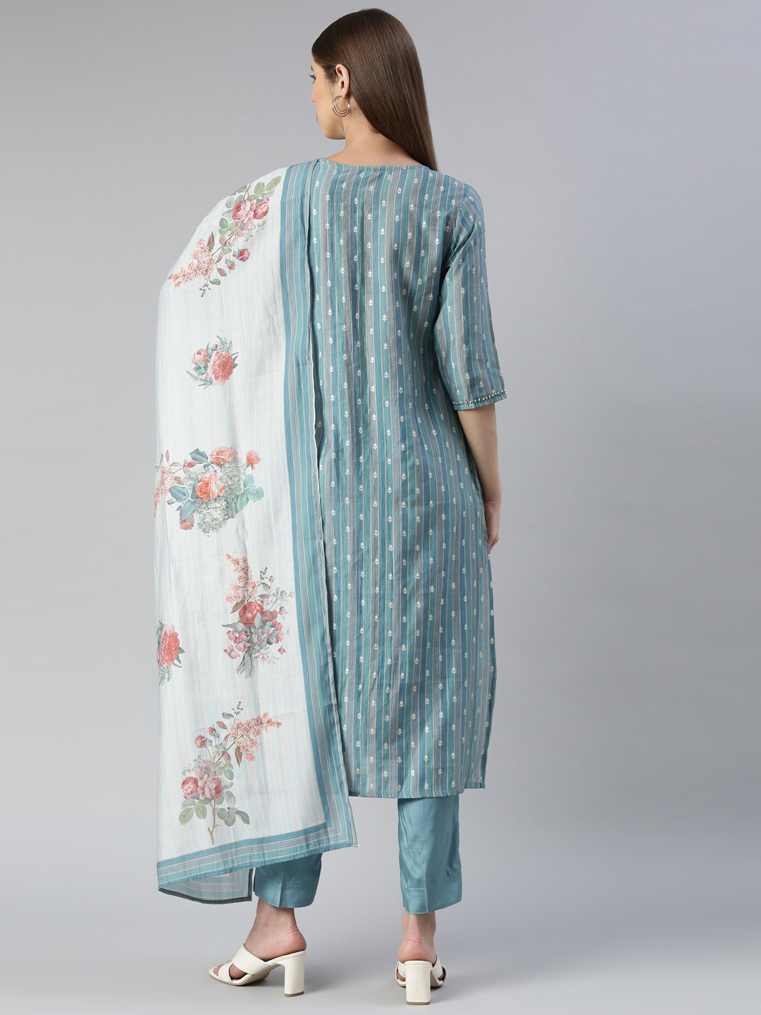 Neerus Blue Embroidered Kurta Set with Trouser and Dupatta - side view