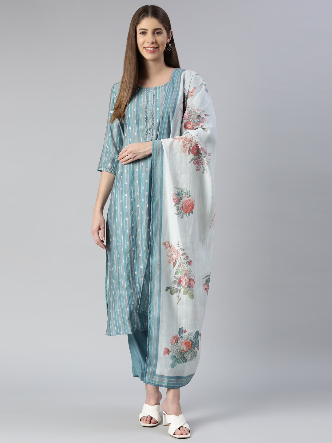 Neerus Blue Embroidered Kurta Set with Trouser and Dupatta - detail view 3