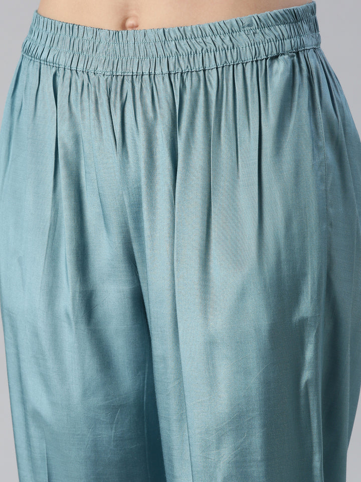 Neerus Blue Embroidered Kurta Set with Trouser and Dupatta - detail view 4