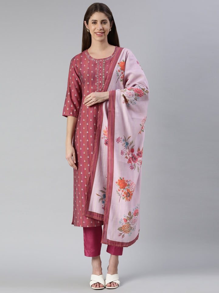 Neerus Women Magenta Yoke Design Knee Length Kurta And Trousers With Dupatta