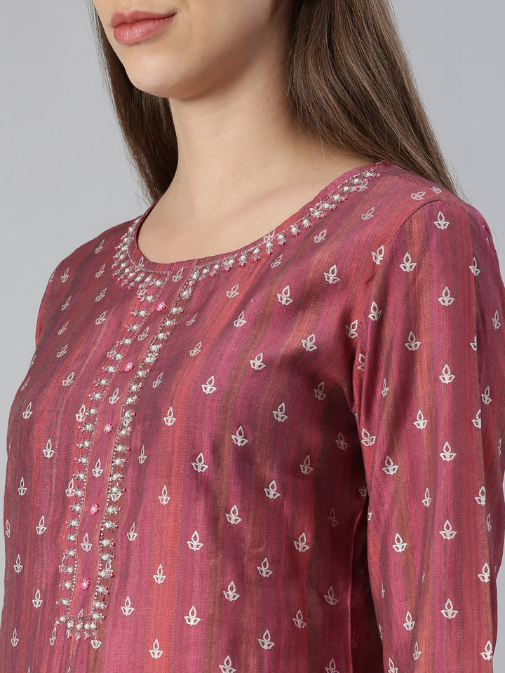 Neerus Women Magenta Yoke Design Knee Length Kurta And Trousers With Dupatta