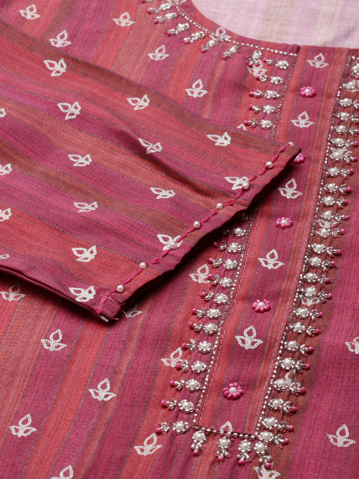 Neerus Women Magenta Yoke Design Knee Length Kurta And Trousers With Dupatta