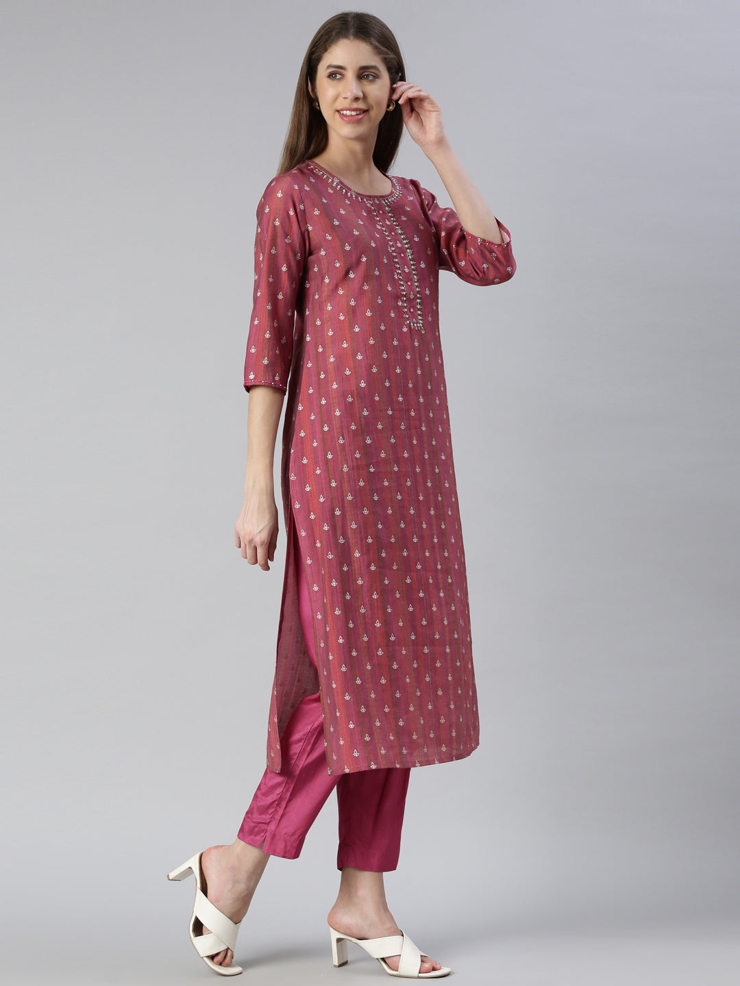 Neerus Women  Magenta Yoke Design Knee Length Kurta And Trousers With Dupatta