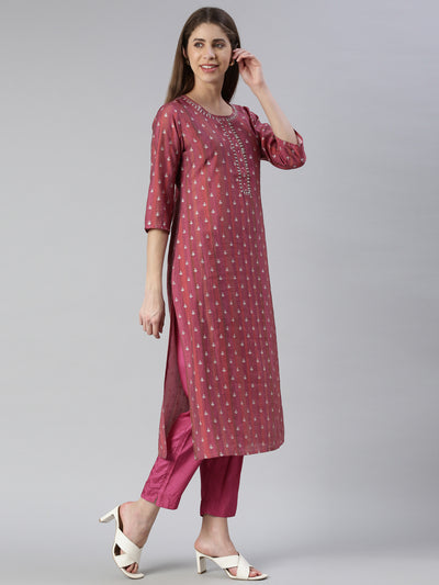 Neerus Women  Magenta Yoke Design Knee Length Kurta And Trousers With Dupatta