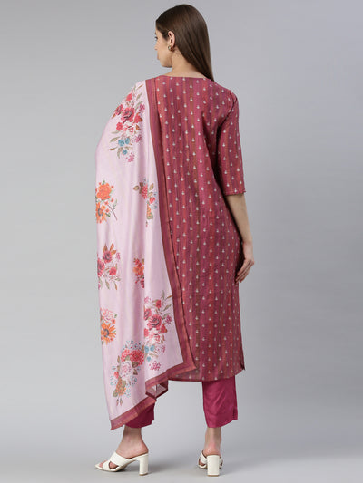 Neerus Women  Magenta Yoke Design Knee Length Kurta And Trousers With Dupatta