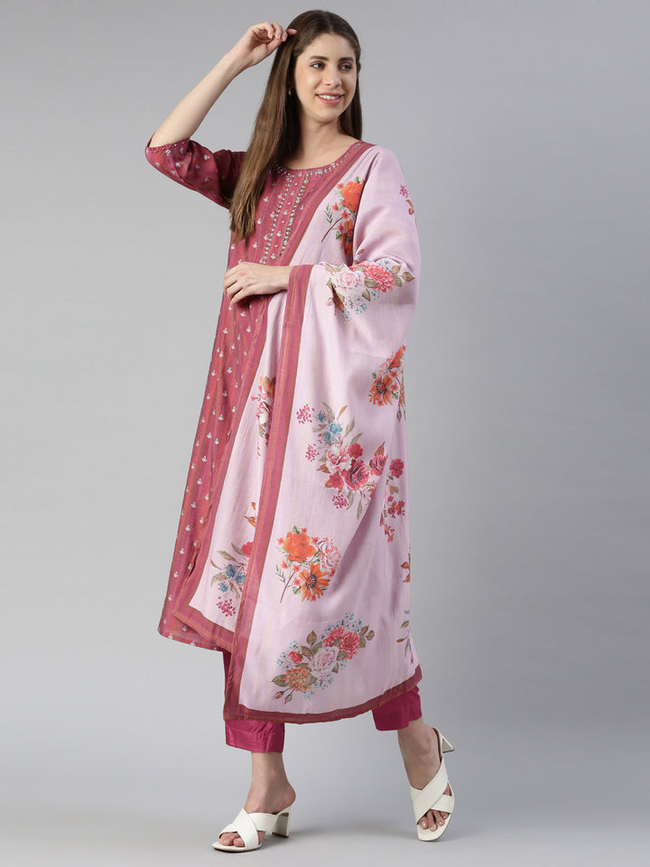 Neerus Women Magenta Yoke Design Knee Length Kurta And Trousers With Dupatta