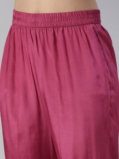 Neerus Women  Magenta Yoke Design Knee Length Kurta And Trousers With Dupatta